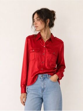 100% Silk Red Button-Up Shirt - Women's Classic Long Sleeve Top
